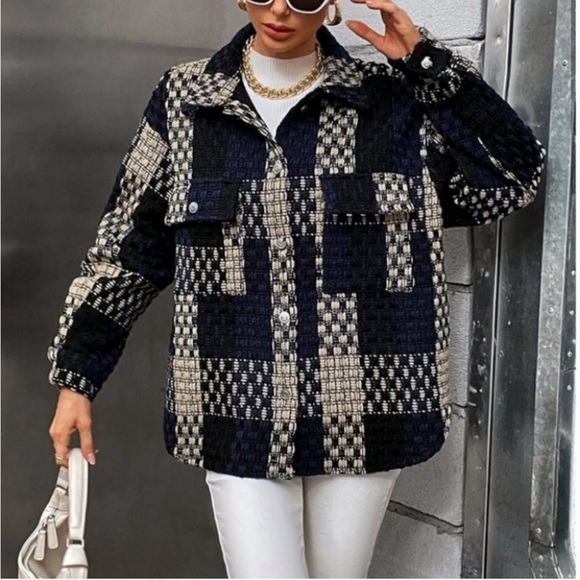 Navy Plaid Print Flap Pocket Oversized button front Casual Shacket jacket Coat - Picture 2 of 4